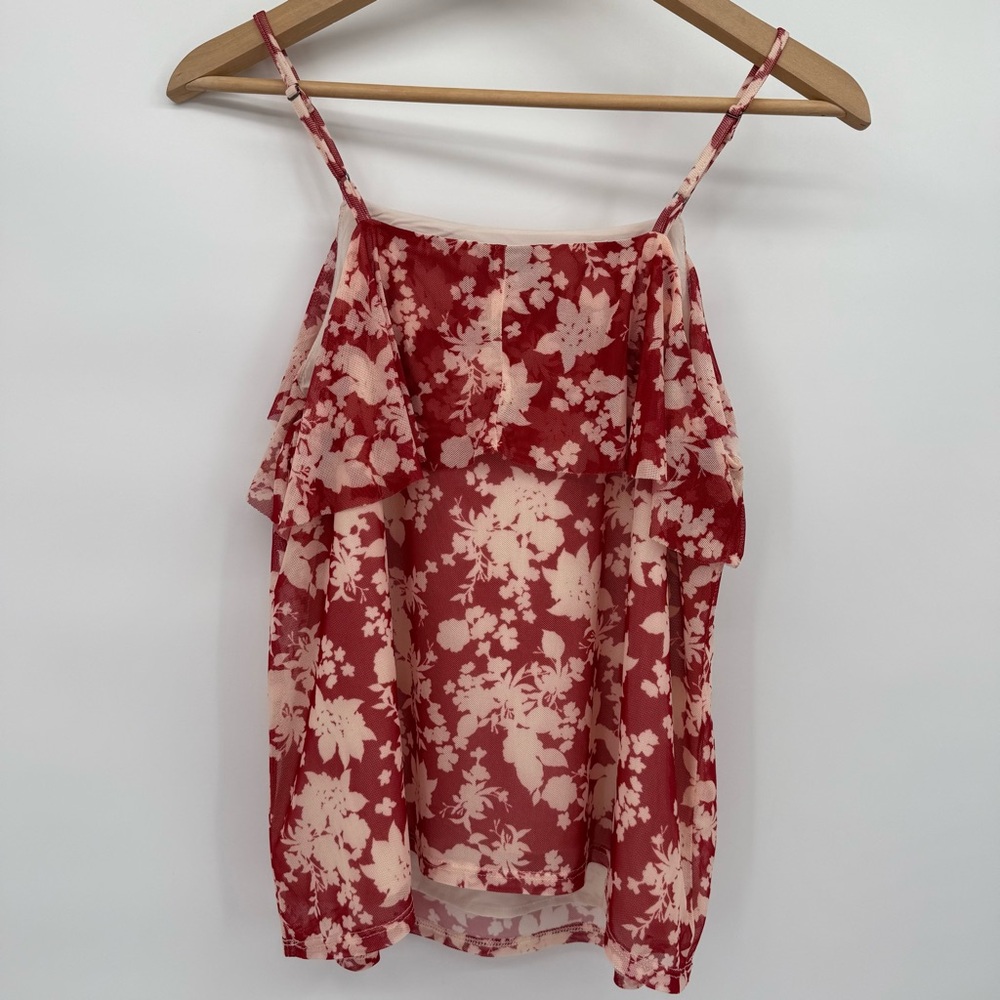 NWT Evereve Hudson Cami Tank Size M Red and Ivory Floral Lined Ruffle - Picture 2 of 7